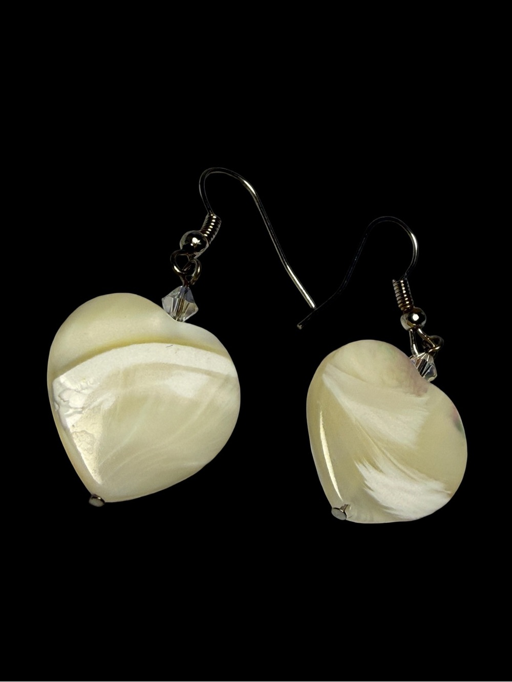 Sterling Silver Mother of Pearl Heart Dangle Earrings.